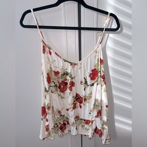 Volcom Flowy Tank Top Ruffle Hem Cream Red Floral Size S